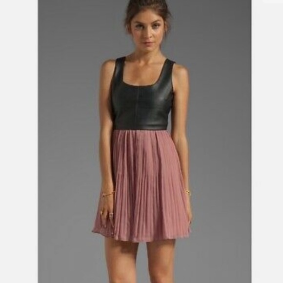 Jack By BB Dakota Elina Faux Leather Bodice Pink Chiffon Pleated Dress - Picture 1 of 15